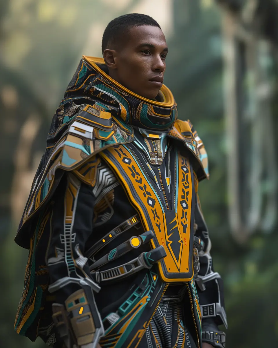 A model dressed in futuristic clothing inspired by the indigenous cultures of the Amazon rainforest.